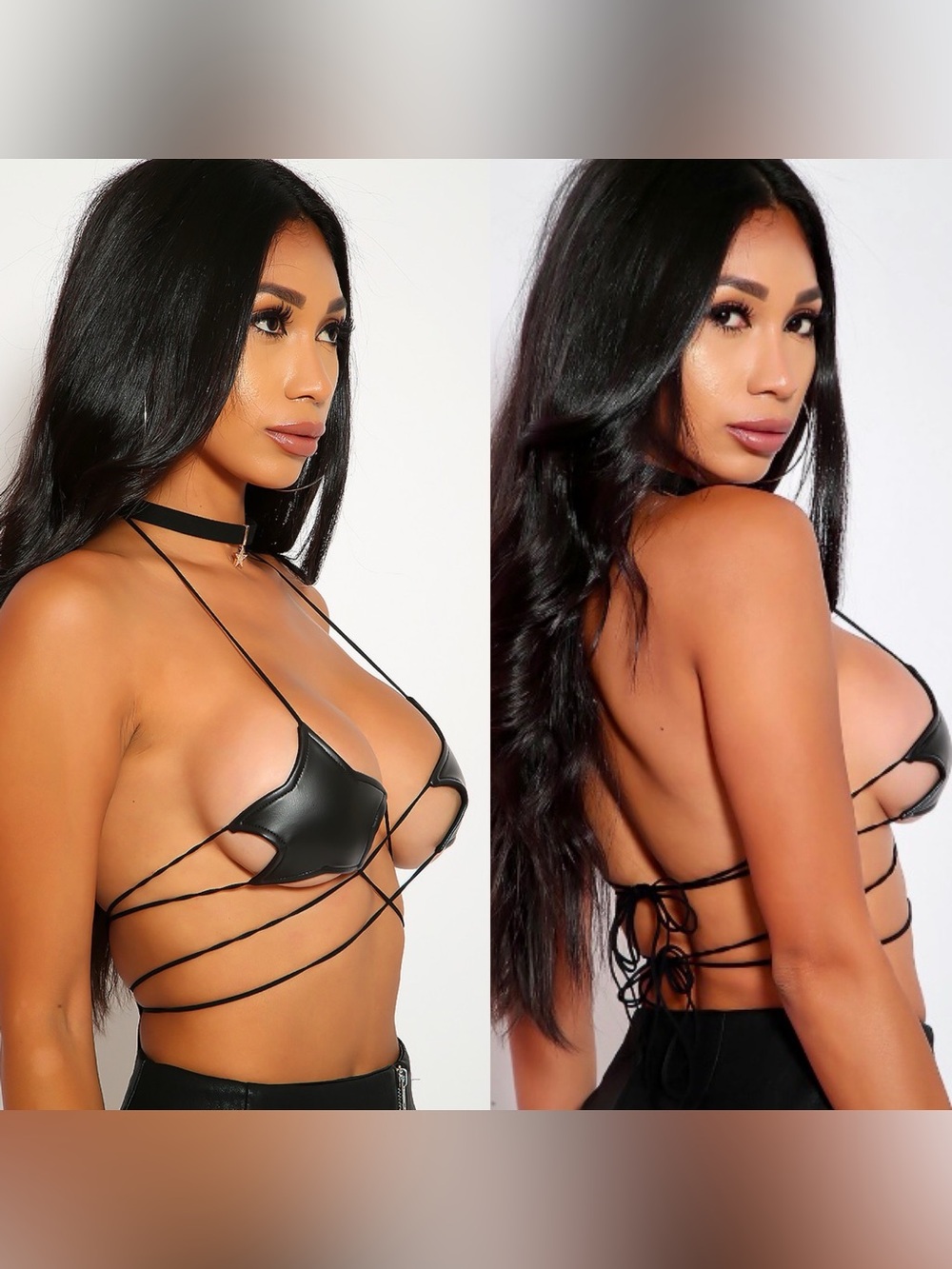 Club Exx | Black Faux Leather Strappy Micro Star Top | NWOT | OS